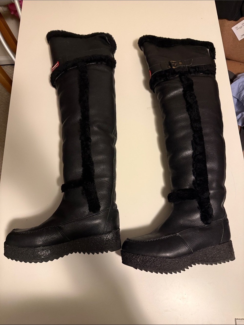 Hunter Black Over-the-Knee Faux Fur Trim Boots